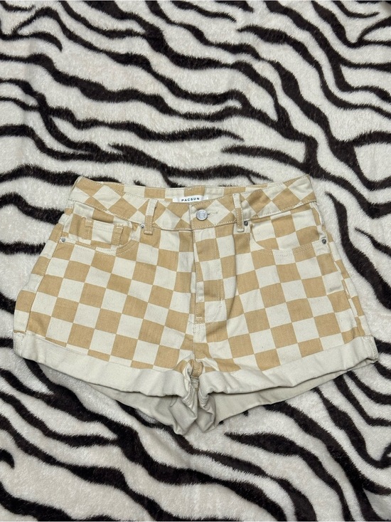 PacSun Pants - PacSun Tan and Cream Checkerboard High-Rise Jean Shorts